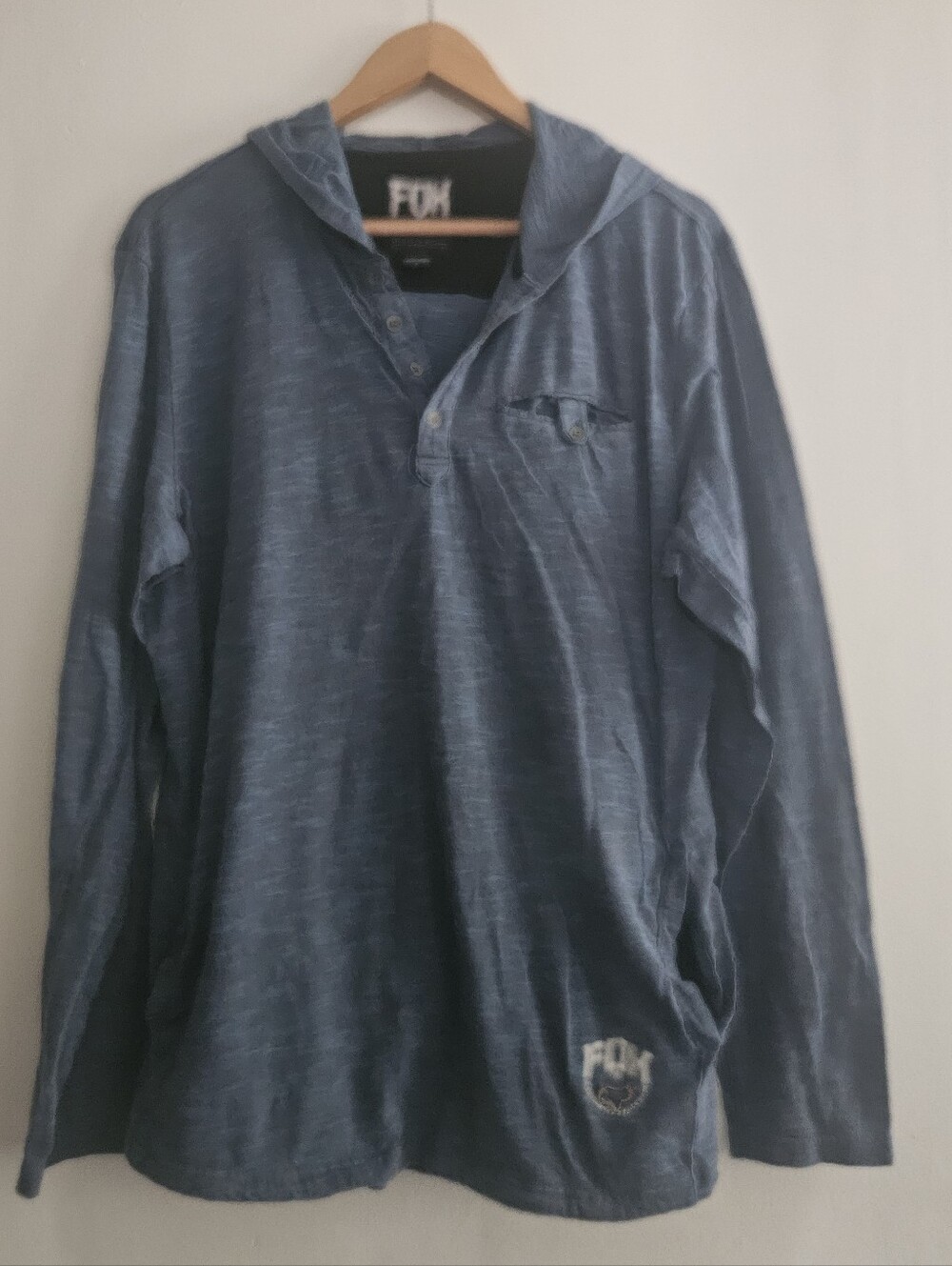 FOX Men’s Blue Hooded Long-Sleeve Henley Shirt Large